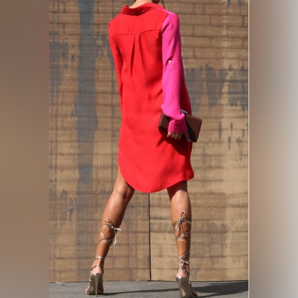 RED/PINK COLOR BLOCK COLLAR GOLD BUTTON DETAIL BUTTON UP HIGH LOW BLOUSE DRESS - Picture 5 of 10